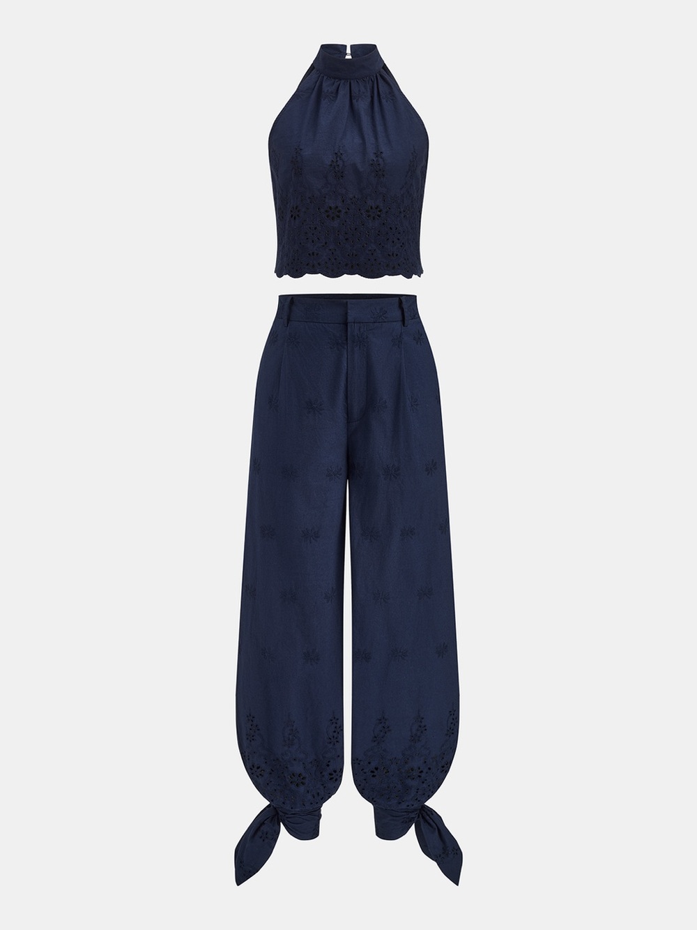 Commense Navy Eyelet Tie Hem Wide Leg Pants And Top set - Picture 2 of 9